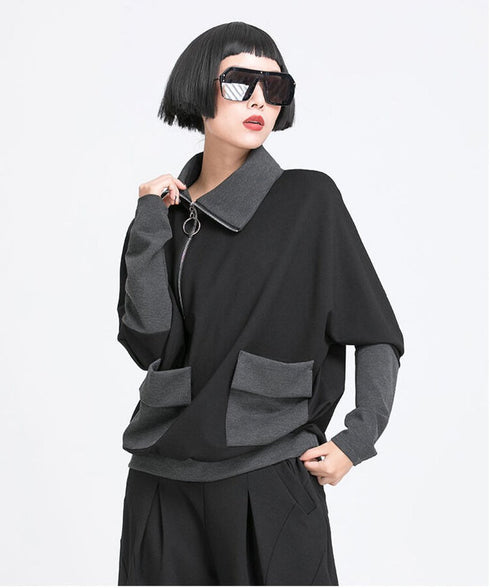 Contrast Panel Zip Collar Pullover